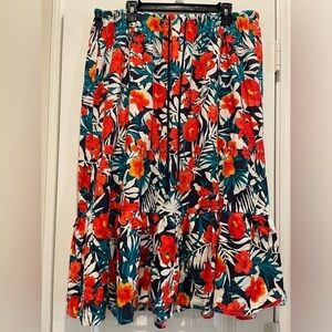 Jessica London Women Midi Skirt Size 24 Red Linen Blend Floral Coastal Grandma
